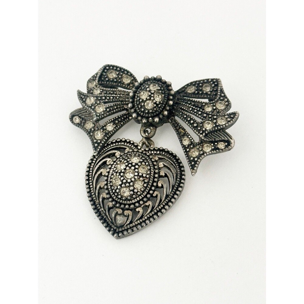 Vintage Marcasite Heart Brooch Art Deco Bow Dark Academia Aesthetic
